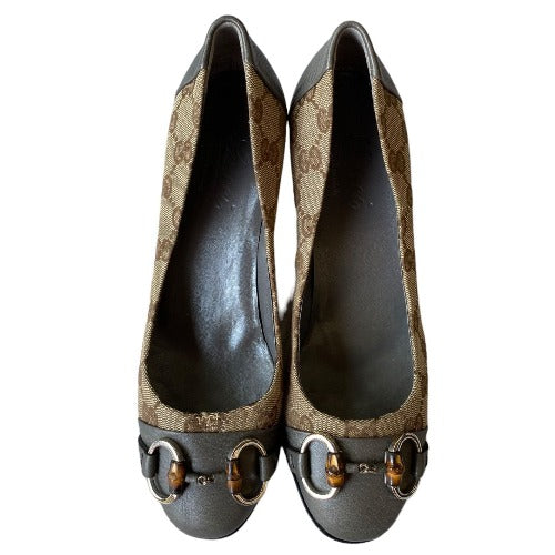 NEW GUCCI Beige GG Logo Canvas Grey Leather Cap Toe&Heels Kitten Heel Pumps, Size 36