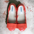 PRADA Coral Patent Leather Bow Logo Scrunch Ballerina Flats, Size 37.5