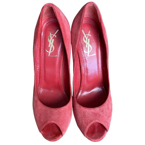 NEW YVES SAINT LAURENT Palais Coral Suede Peep Toe Platform Pumps, Size 38.5
