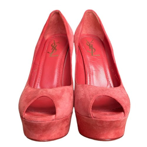 NEW YVES SAINT LAURENT Palais Coral Suede Peep Toe Platform Pumps, Size 38.5