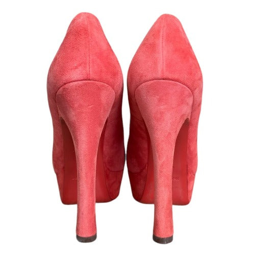 NEW YVES SAINT LAURENT Palais Coral Suede Peep Toe Platform Pumps, Size 38.5