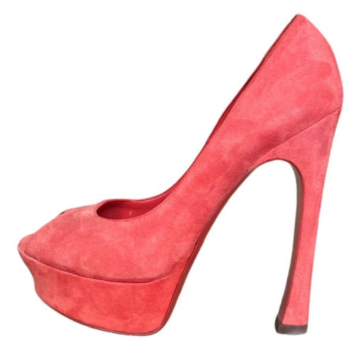 NEW YVES SAINT LAURENT Palais Coral Suede Peep Toe Platform Pumps, Size 38.5