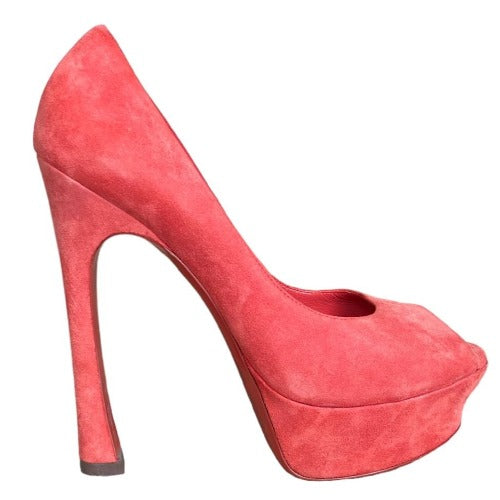 NEW YVES SAINT LAURENT Palais Coral Suede Peep Toe Platform Pumps, Size 38.5