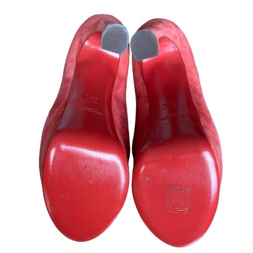 NEW YVES SAINT LAURENT Palais Coral Suede Peep Toe Platform Pumps, Size 38.5