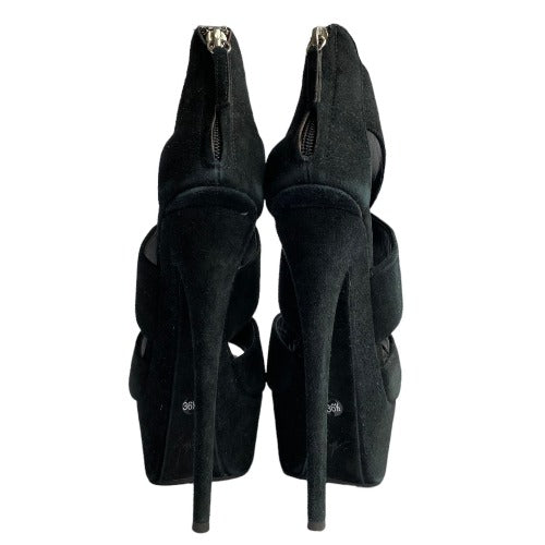 GIUSEPPE ZANOTTI Black Suede Strappy Ultra High Platform Heel Sandals, Size 36.5