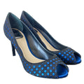 CHRISTIAN DIOR Black Suede w/ Blue Satin Contrast Cannage Peep Toe Pumps, 38.5