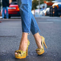 NEW FENDI Yellow & Black Python Leather Bow, Peep Toe Platform Pumps, Size 38