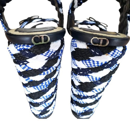 NEW DIOR Tri Color Braided Fabric and Leather Open Toe Wedge Sandals, Size 40