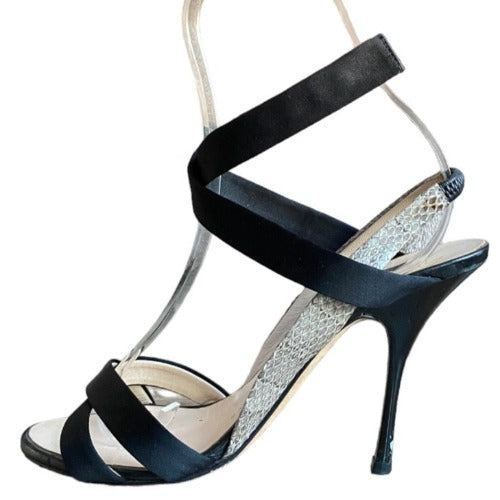 GIUSEPPE ZANOTTI Black Satin & Beige Python Leather Strappy  Sandals, Size 37.5
