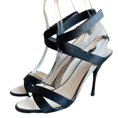 GIUSEPPE ZANOTTI Black Satin & Beige Python Leather Strappy  Sandals, Size 37.5