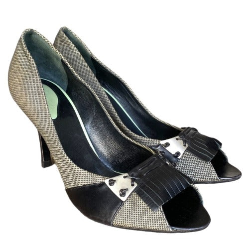 BOTTEGA VENETA Black/Gray Canvas & Leather Fringe Peep Toe Pumps, Size 39.5