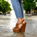 YVES SAINT LAURENT Deauville Taurillon Brown Leather Wedge Sandals, Size 39.5
