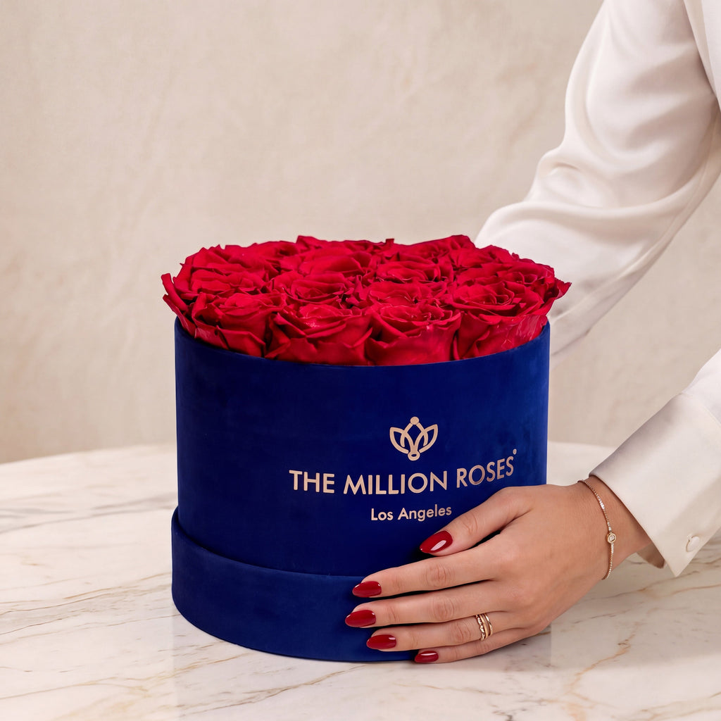 Classic Royal Blue Suede Box | Red Roses