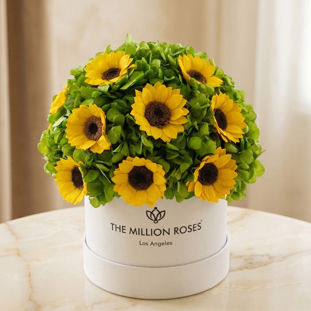Classic White Box | Green Hydrangeas & Sunflowers