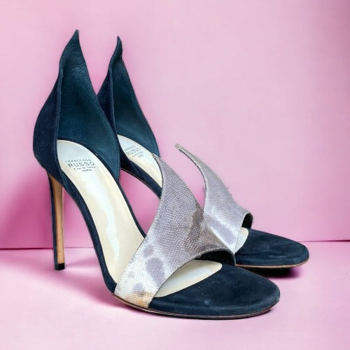 FRANCESCO RUSSO Riso 87 Black  Suede Greige Nubuck D’Orsay Open Toe Sandals, 37