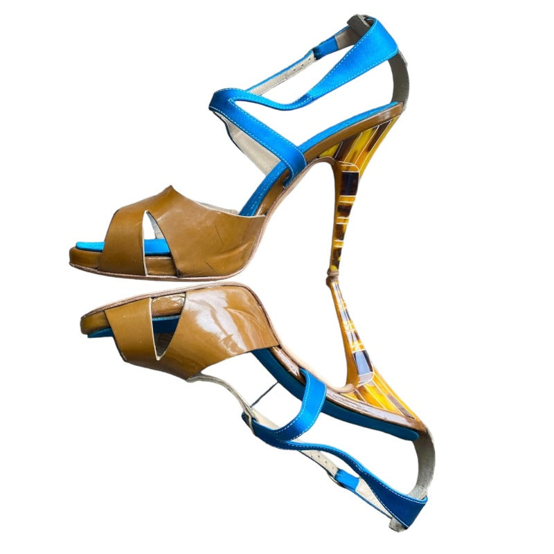 GIUSEPPE ZANOTTI Patent Leather Turquoise Satin T-Strap Tortoise Heels,  37.5