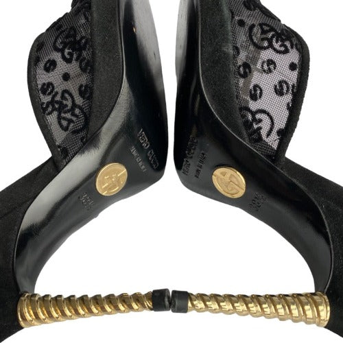GIORGIO ARMANI  Black Mesh Slingback Gold Heels Pointed Toe Pumps, Size 38.5