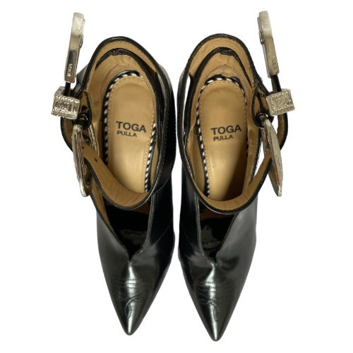 NEW TOGA PULLA Black Leather, Silver Buckle Pointed Toe High Heel Pumps, Size 36