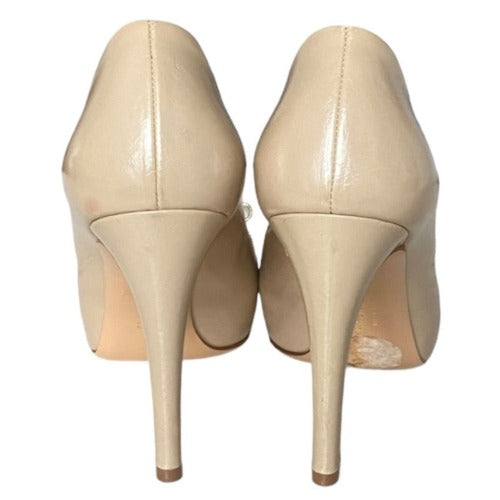 SALVATORE FERRAGAMO Poudre Leather Metal Bow  Peep Toe Platform Pumps, Size 36