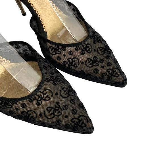 GIORGIO ARMANI  Black Mesh Slingback Gold Heels Pointed Toe Pumps, Size 38.5