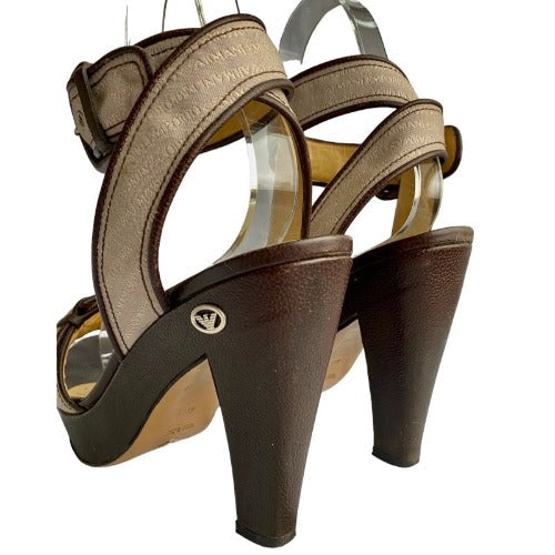 EMPORIO ARMANI Monogram Nude Strapped Brown Leather Sole Platform Sandals, Size 40