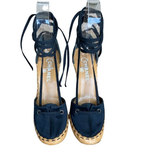 CHANEL Black Satin Interlocking Pearl CC Logo Lace Up  D'Orsay Sandals Size 37.5