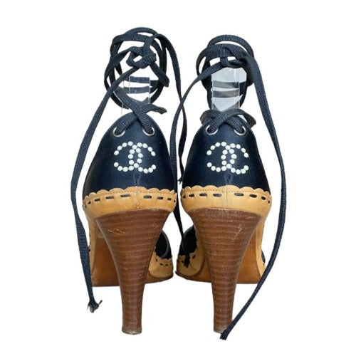 CHANEL Black Satin Interlocking Pearl CC Logo Lace Up  D'Orsay Sandals Size 37.5