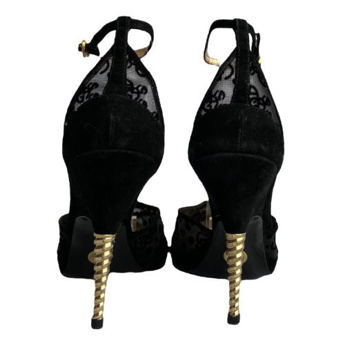 GIORGIO ARMANI  Black Mesh Slingback Gold Heels Pointed Toe Pumps, Size 38.5