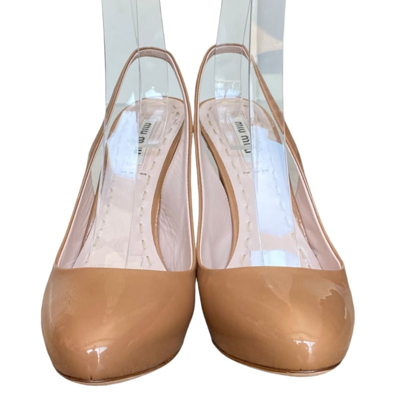 MIU MIU Beige  Patent Leather Almond Toe Hidden Platform Slingback Pumps Size 36