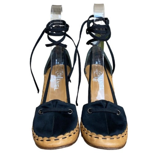 CHANEL Black Satin Interlocking Pearl CC Logo Lace Up  D'Orsay Sandals Size 37.5