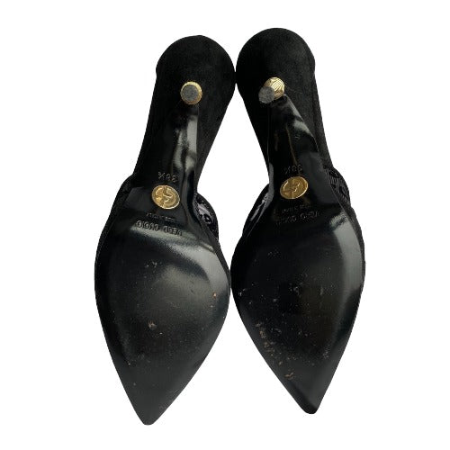 GIORGIO ARMANI  Black Mesh Slingback Gold Heels Pointed Toe Pumps, Size 38.5