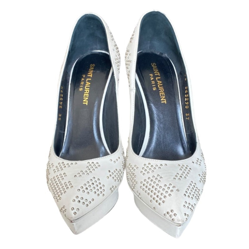 YSL YVES SAINT LAURENT White Leather Studded Janis Platform Pointed Toe Pumps,  37