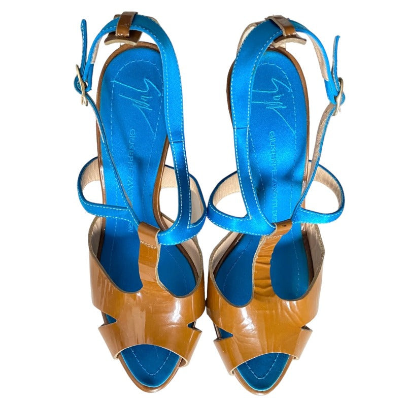 GIUSEPPE ZANOTTI Patent Leather Turquoise Satin T-Strap Tortoise Heels,  37.5