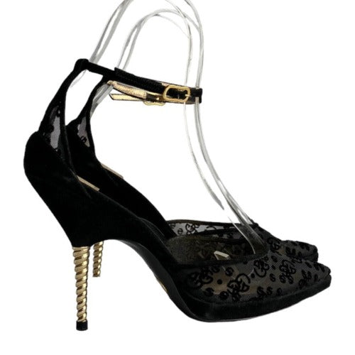GIORGIO ARMANI  Black Mesh Slingback Gold Heels Pointed Toe Pumps, Size 38.5