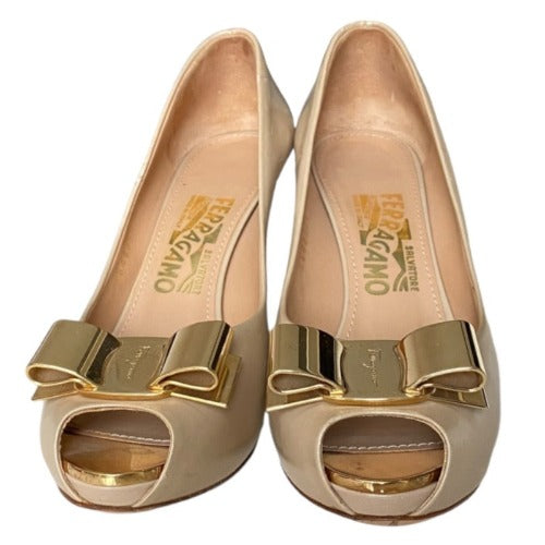 SALVATORE FERRAGAMO Poudre Leather Metal Bow  Peep Toe Platform Pumps, Size 36