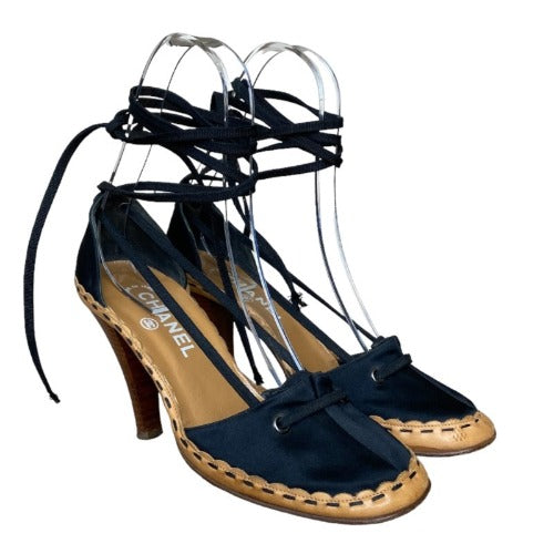 CHANEL Black Satin Interlocking Pearl CC Logo Lace Up  D'Orsay Sandals Size 37.5