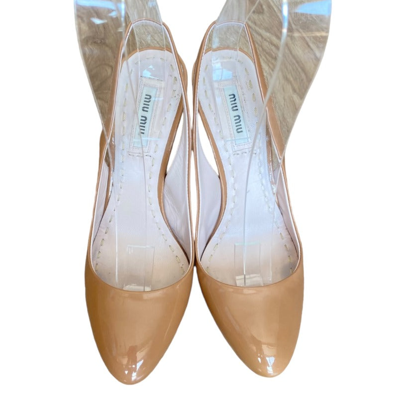MIU MIU Beige  Patent Leather Almond Toe Hidden Platform Slingback Pumps Size 36