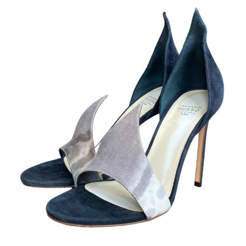 FRANCESCO RUSSO Riso 87 Black  Suede Greige Nubuck D’Orsay Open Toe Sandals, 37