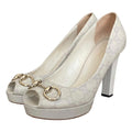 GUCCI Off White Guccissima Leather Horsebit Peep Toe Platform Pumps, Size 39