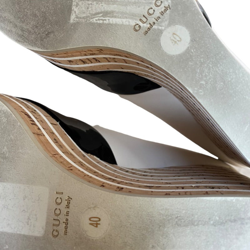 GUCCI White , Black Patent Leather Cork Mary Jane Wedge Cork Sandals, Size 40