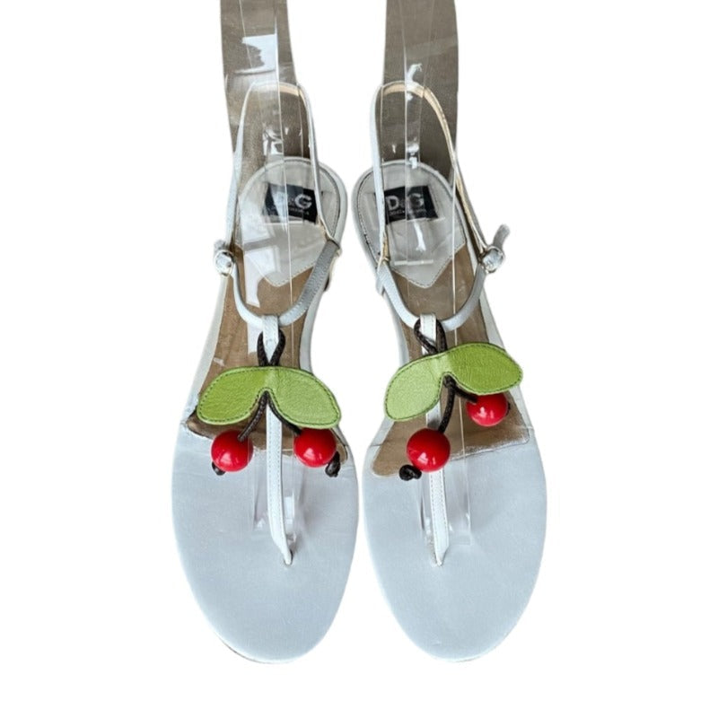 DOLCE & GABBANA White Leather Cherry Flat Thong Sandals, Size 37