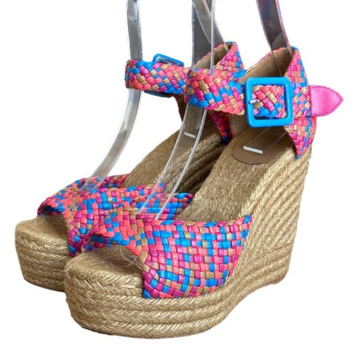 HERMES Multicolor Braided Leather Ankle Strap Espadrille Wedges Sandals, Size 40