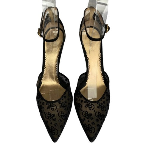 GIORGIO ARMANI  Black Mesh Slingback Gold Heels Pointed Toe Pumps, Size 38.5