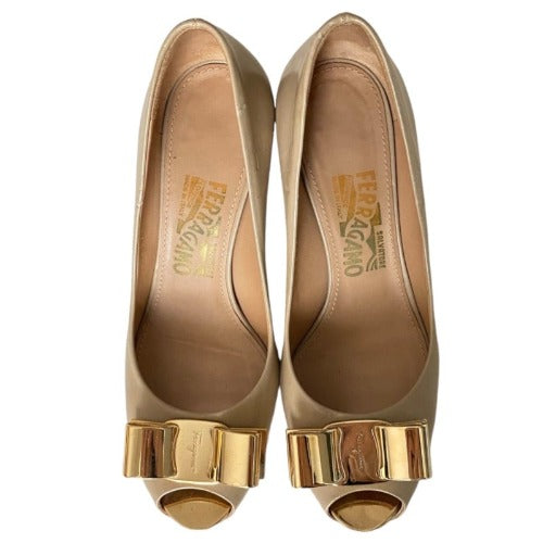 SALVATORE FERRAGAMO Poudre Leather Metal Bow  Peep Toe Platform Pumps, Size 36