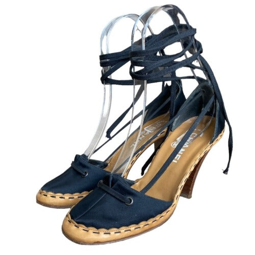 CHANEL Black Satin Interlocking Pearl CC Logo Lace Up  D'Orsay Sandals Size 37.5
