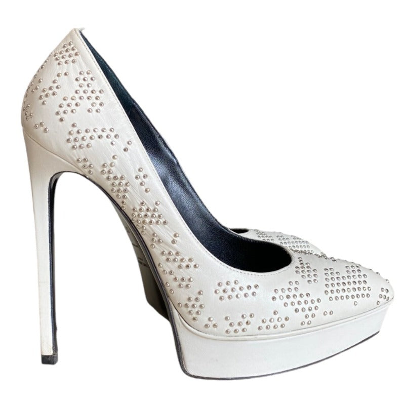 YSL YVES SAINT LAURENT White Leather Studded Janis Platform Pointed Toe Pumps,  37