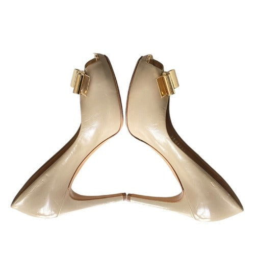 SALVATORE FERRAGAMO Poudre Leather Metal Bow  Peep Toe Platform Pumps, Size 36