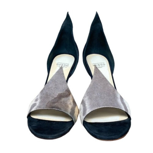 FRANCESCO RUSSO Riso 87 Black  Suede Greige Nubuck D’Orsay Open Toe Sandals, 37
