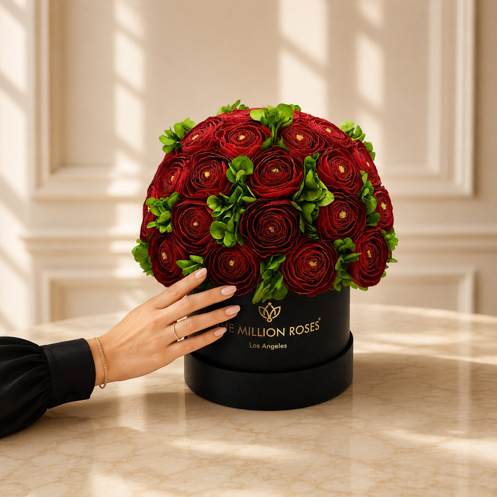 Classic Black Box | Red Persian Buttercups & Green Hydrangeas
